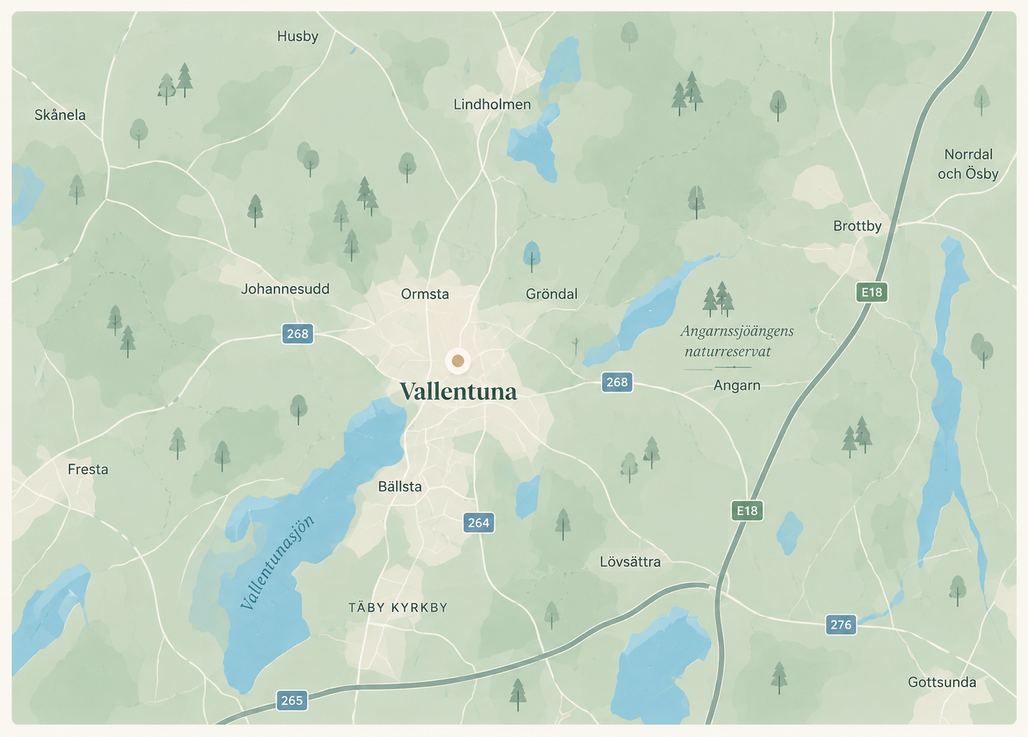 Dekorativ illustration av en karta över Vallentuna med omnejd